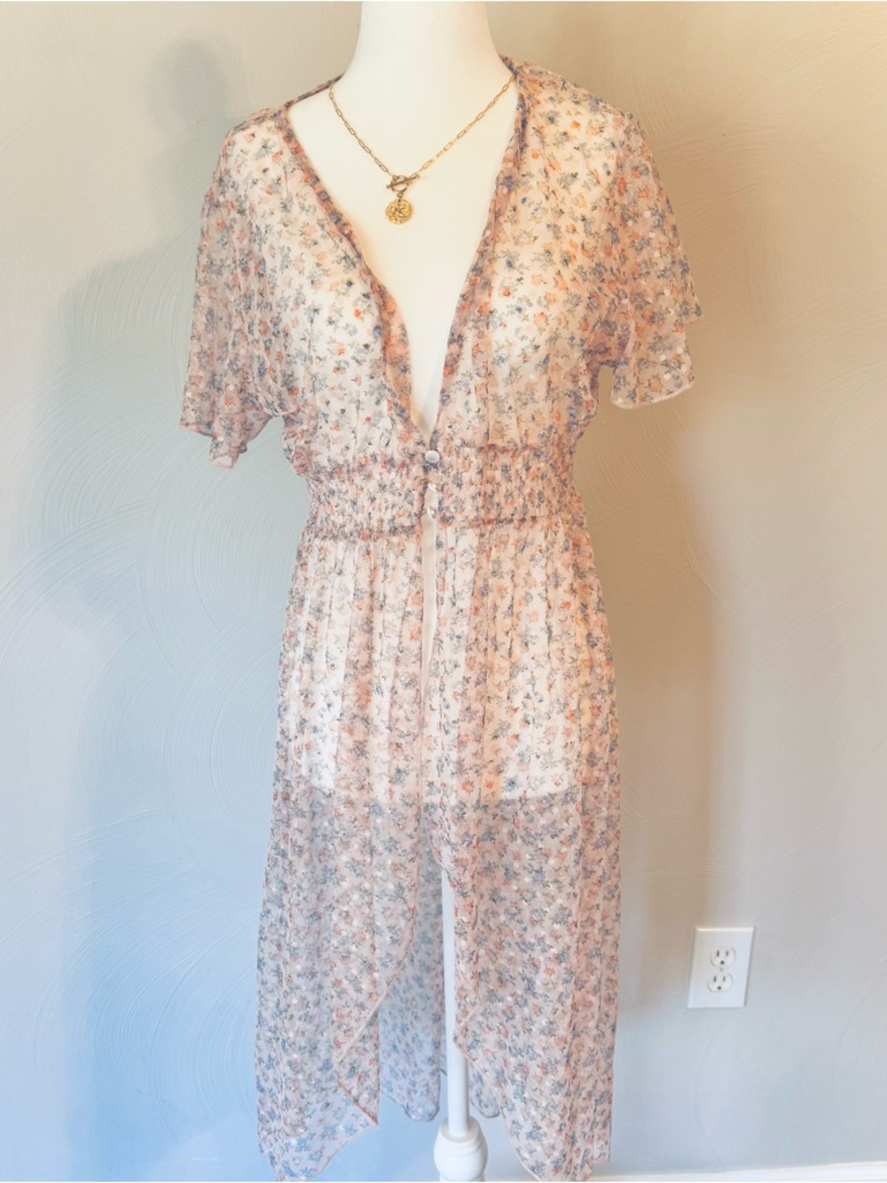 Sheer Floral Kimono Cover-Up Women’s Size Small Pink Boho Cottagecore Beach